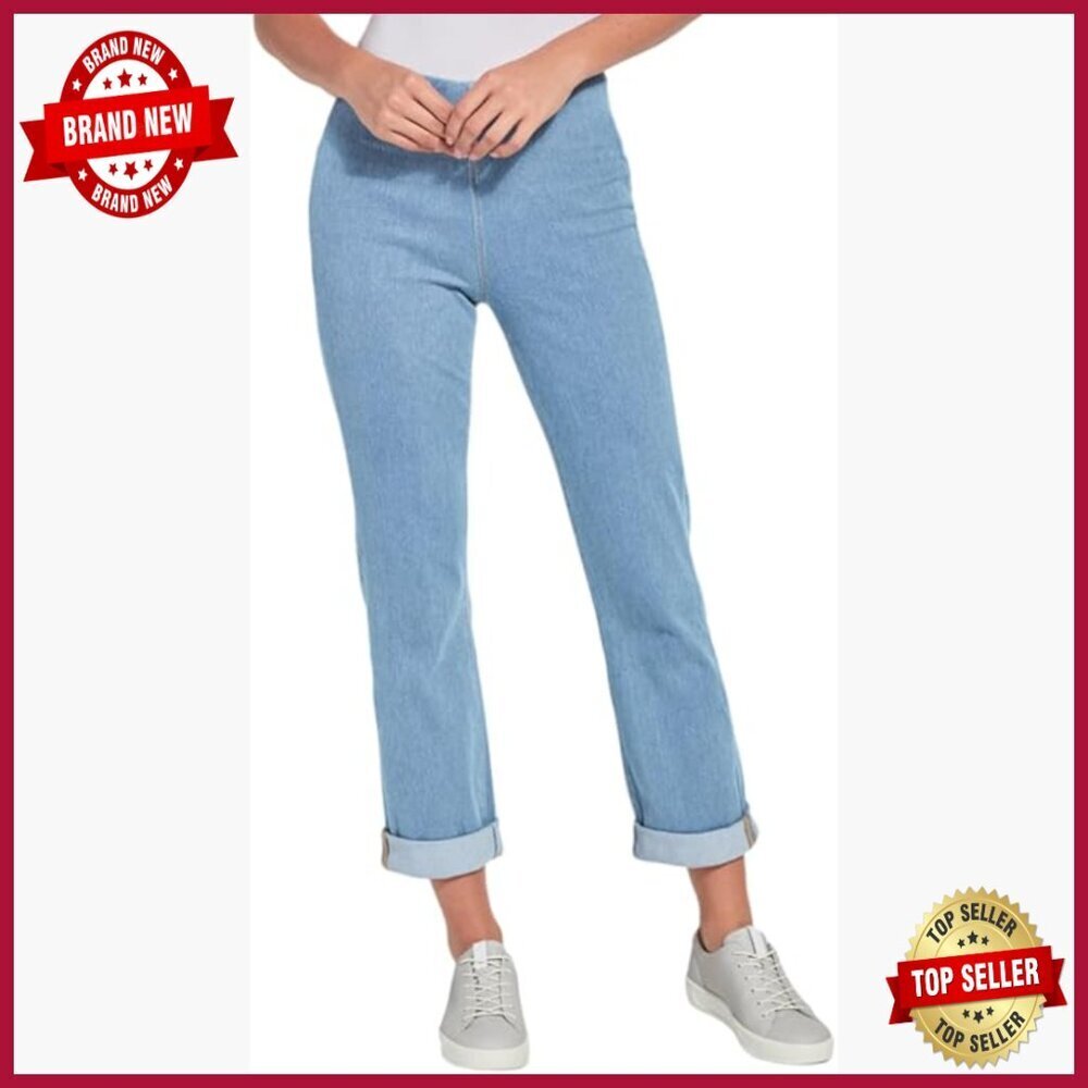 Pull-On Boyfriend Jeans Mid Rise Stretch Denim Slim Straight Cuffed